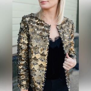 ZARA Gold Sequin Black White Tweed Jacket Blazer